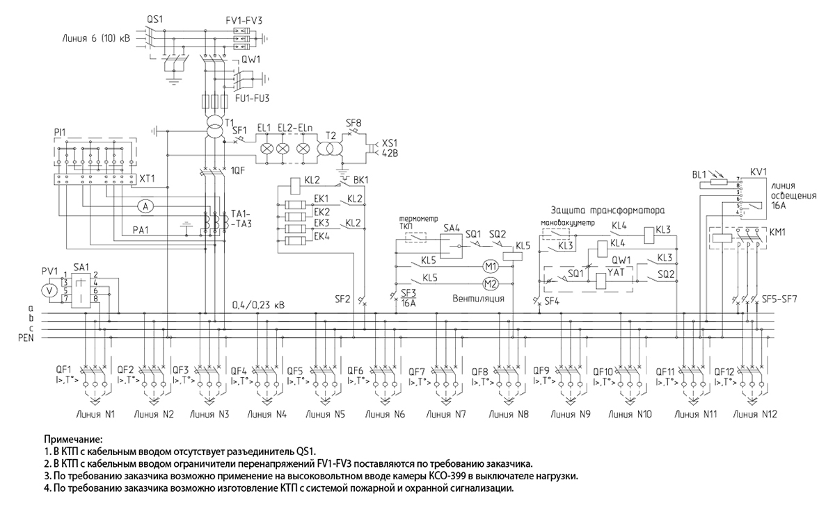 Схема электрическая принципиальная КТПТ-К 630 кВА